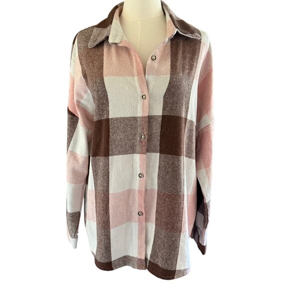 Pink Brown Plaid ButtonUp Shacket Womens Flannel Size XL Fall Autumn Casual - Picture 1 of 8